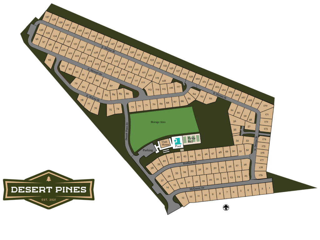 Site map showing locations of home sites, roads and amenities in community.